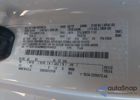 2021 Ford F-150 Lariat z USA, uszkodzony, nr VIN 1FTEX1C82MKD55402